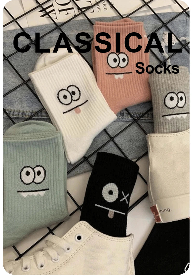 5/10 Pairs Women's Cute Expression Printed Ankle Socks Comfort Interesting Spring Autumn Medium Tube Sock Girls' Short Socks