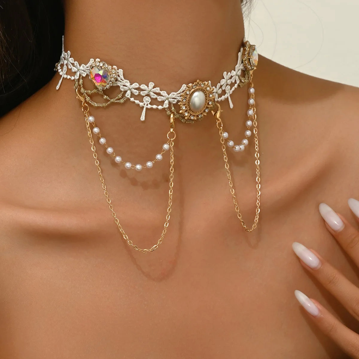 Women's New Necklace Lolita White Lace Necklace, Pearl Tassel Rhinestone Necklace Collar Sweet Cool Fashion Necklaces Girls Gift