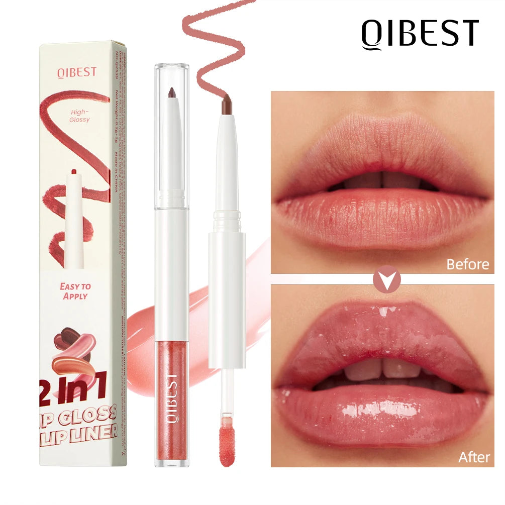 QIBEST Double Head Mirror Lip Glaze Lipliner Pen Water Light Lipgloss Makeup 2 in 1 Stick Matte Velvet Lip Liner Contour Pencil