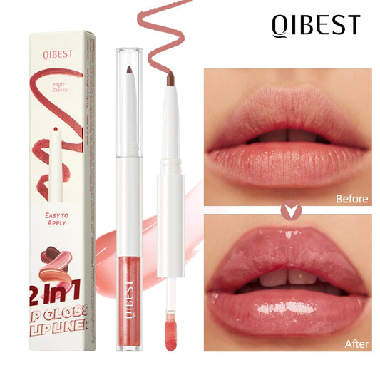 QIBEST Double Head Mirror Lip Glaze Lipliner Pen Water Light Lipgloss Makeup 2 in 1 Stick Matte Velvet Lip Liner Contour Pencil