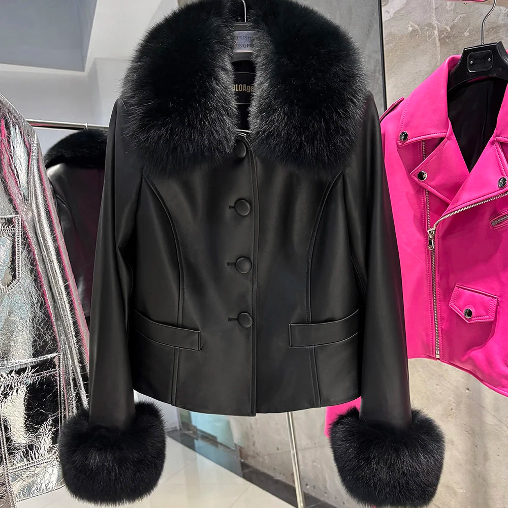 YOLOAgain Women's Mongolia Sheep Fur Collar Real Leather Jacket Single Breasted