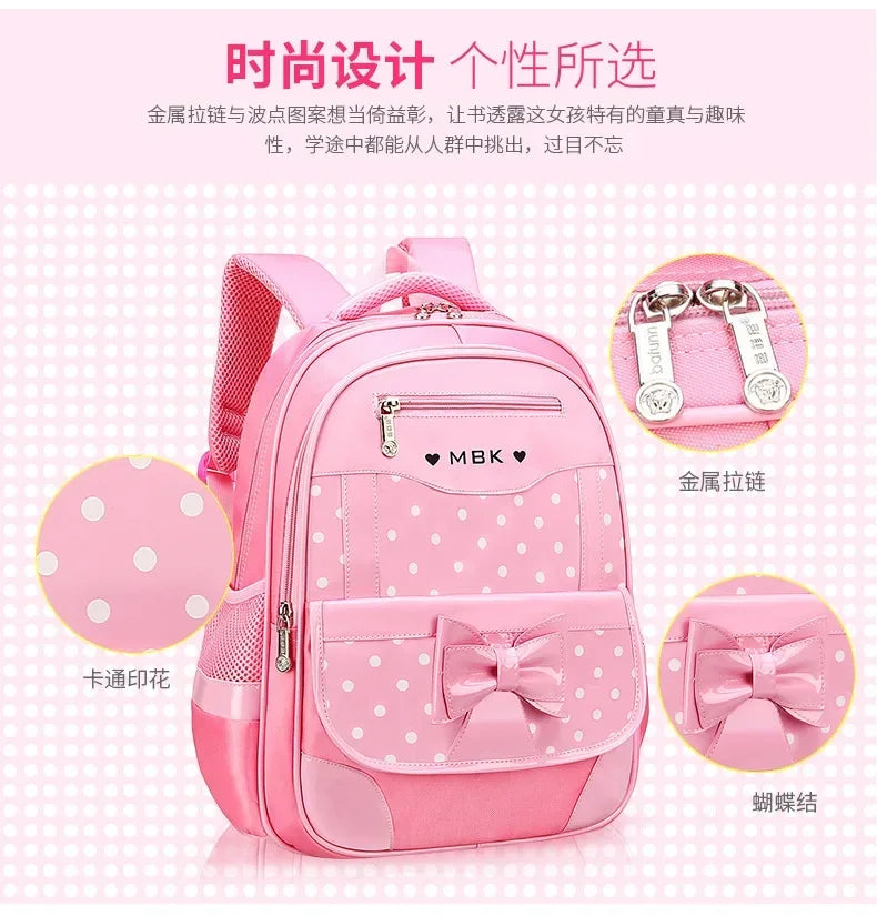 Lightweight School Backpack for Girls Kids Ages 6-12, Cute Polka Dot Bow Elementary Bookbag with Ergonomic Padded Straps