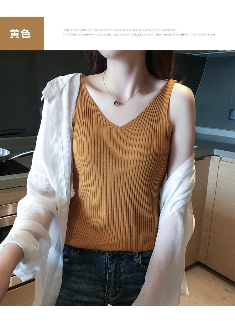 Summer Casual Tank Top Women Sleeveless Knitted T-Shirts Female Elastic Slim Vests Crop Tops Tanks & Camis Pullover Shirts
