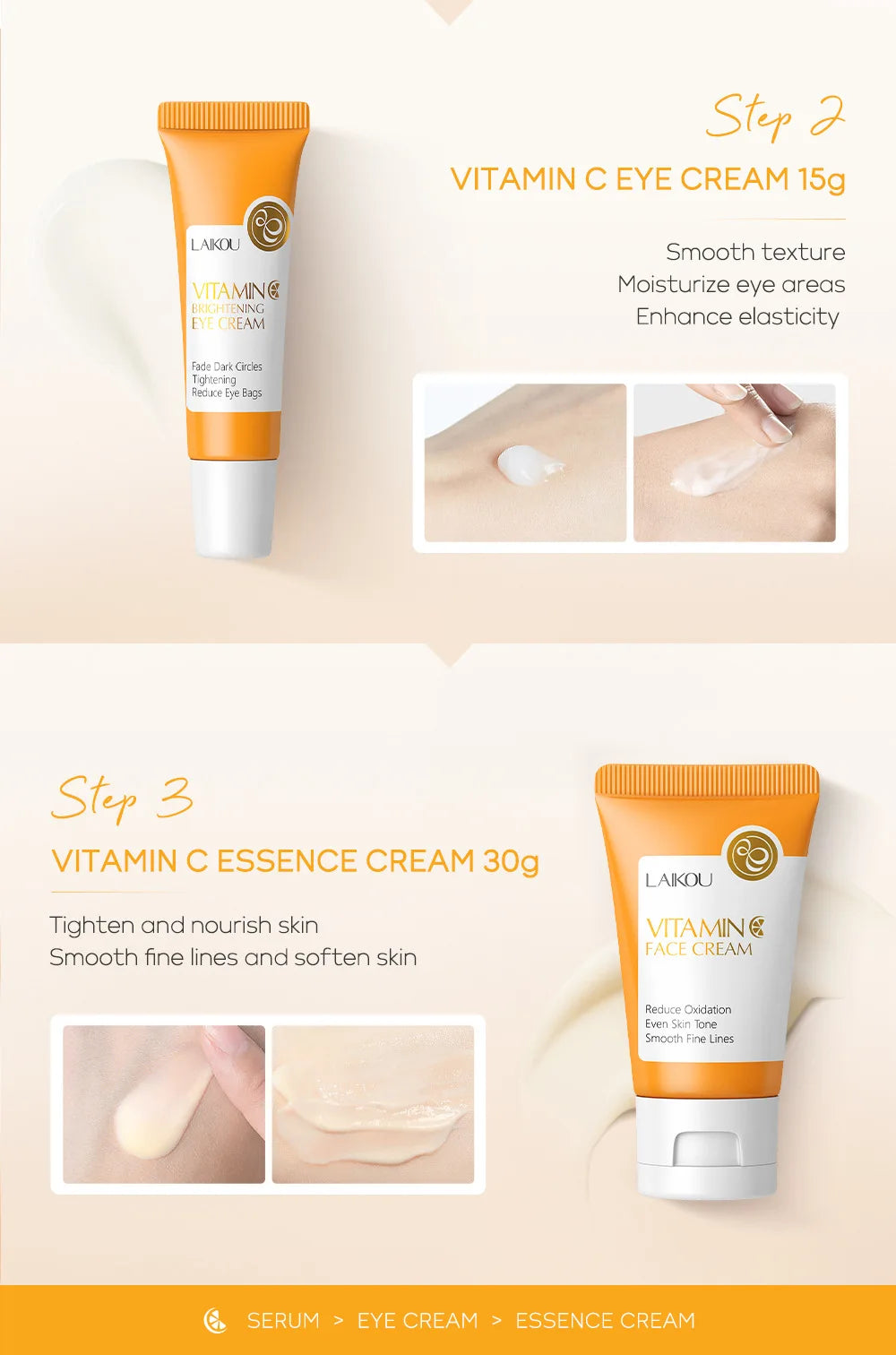 3pcs/set LAIKOU Skin Care Set Vitamin C Sakura Snail Essence Serum & Eye Cream & Face Cream Moisturizer Travel Size Skincare Set