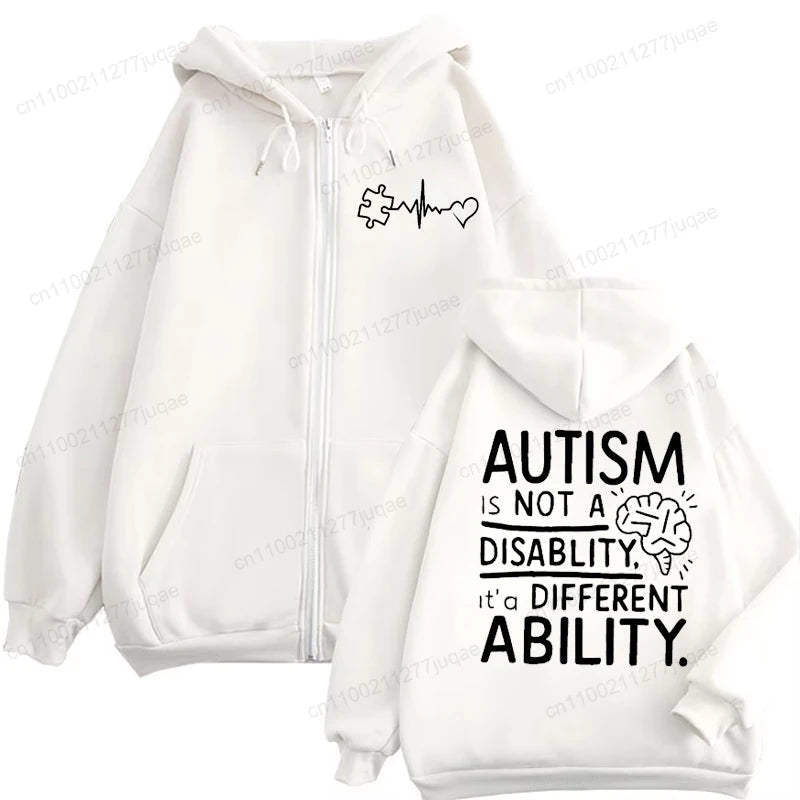 Autism Awareness Hoodie for Men Women, It's Not A Disability It's A Different Ability Zip Up Hoodies, Zipper Tracksuit Jackets