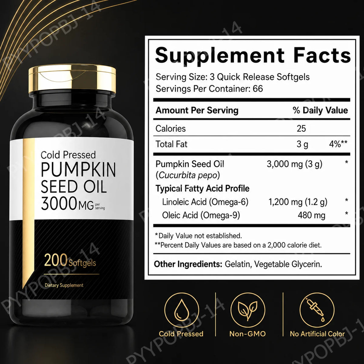 Pumpkin Seed Oil Capsules 3000mg Extract Body Essential Fatty Acids Cold Pressed Non-GMO Gluten Free 200 Count Supplement
