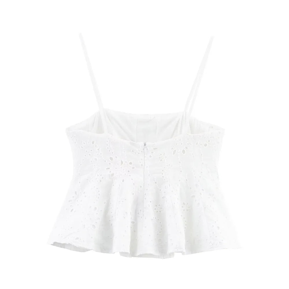 Women Summer Vacation Co Ord Outfits Elegant White Embroidered 2 Piece Set Cropped Top with Thin Straps Matching Cape Midi Skirt