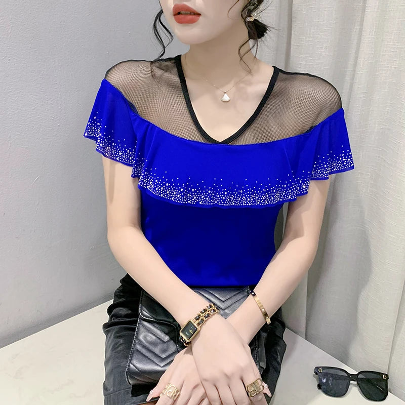 Real Photos Summer Tops Girl Patched Ruffles Mesh V Neck Short Sleeve T Shirt Women Fashion Tees Tshirts Beach Clothing