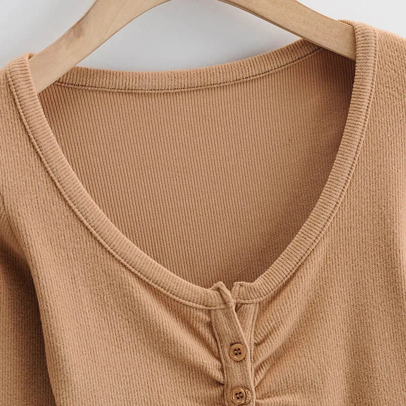 Summer Sexy Women Crop Tops Long Sleeve Tee Shirt Clubwear Buttons Solid T Shirt Women Black White Slim Tops