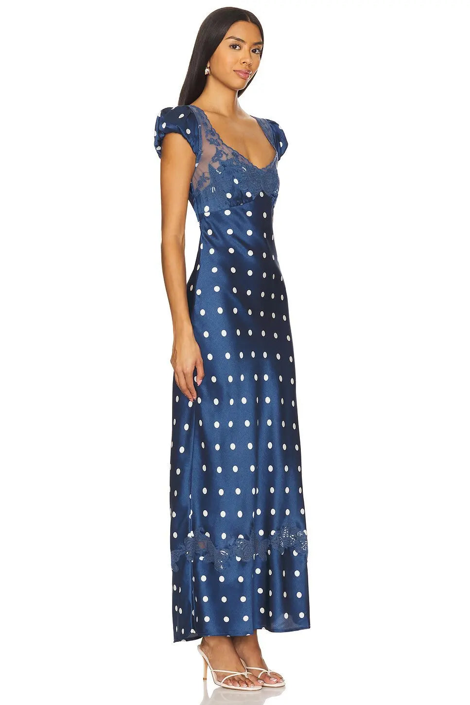 Luxurious Silk Satin Long Dress Elegant Puff Sleeve Polka Dot Floral Gown Sexy Open Back Midi Dresses for Evening Cocktail