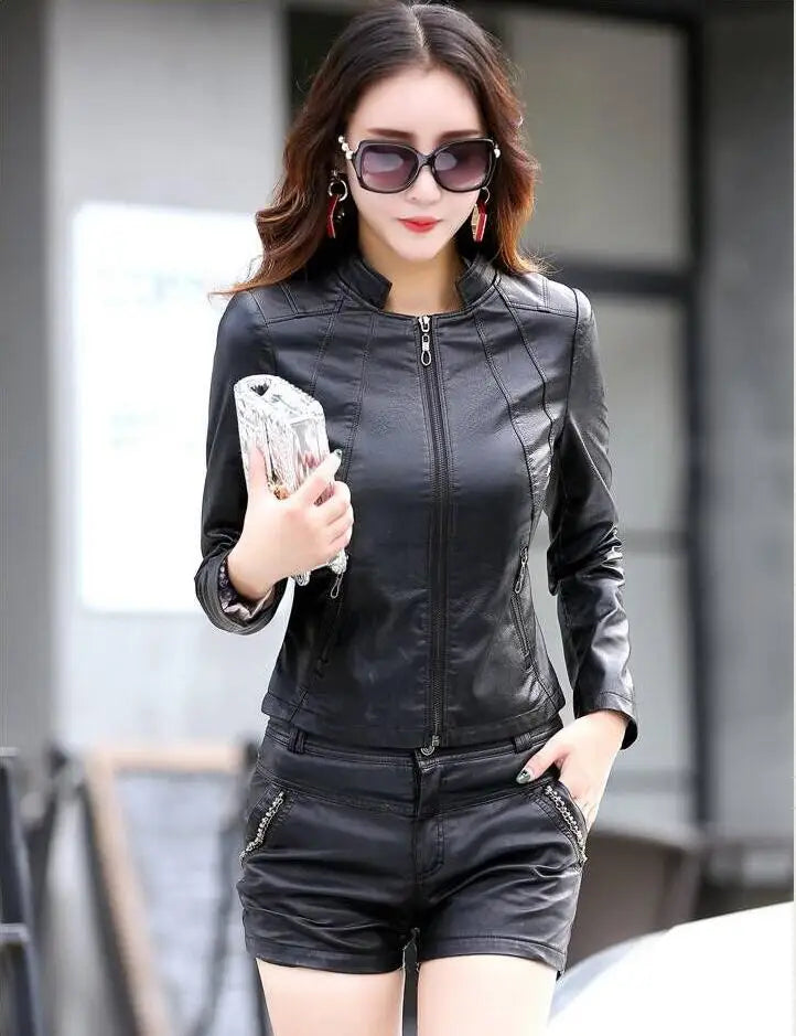 Spring Genuine Leather Jacket Women Real Orange Leather New Outerwear Sheepskin Coat Women's Moto Biker Zipper Jackets