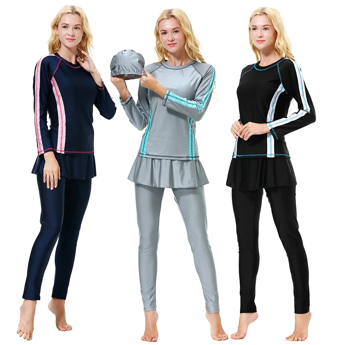 Elegant Islamic Women Swimsuits Long Sleeved Bodysuits+skirt+hat 3pcs Bathing Swimming Suit Muslim Sexy Girls Beachwear S-xxxl