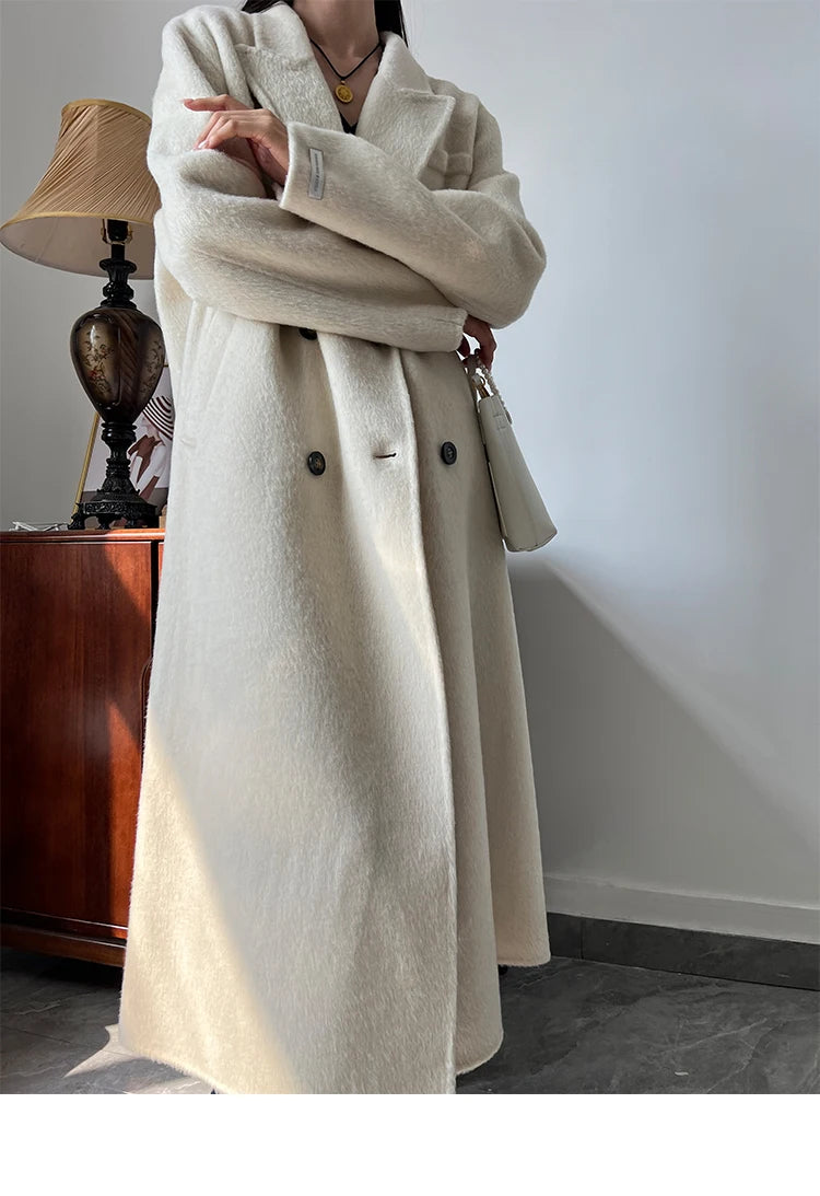Office Lady Woolen Jackets 2024 Autumn And Winter Suit Collar Double Breasted Warmer Yak Hair Loose Long Women's Wool Coats