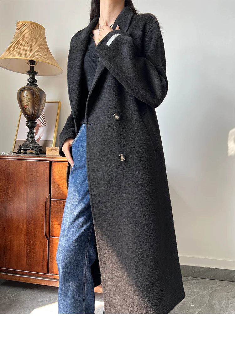 Office Lady Woolen Jackets 2024 Autumn And Winter Suit Collar Double Breasted Warmer Yak Hair Loose Long Women's Wool Coats