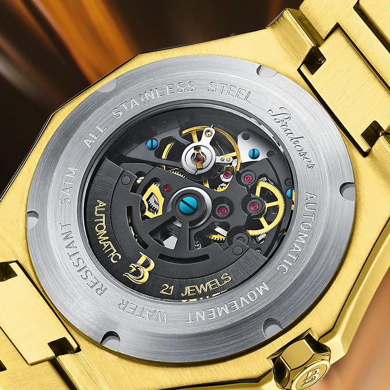 Men Automatic Mechanical Watch 5ATM Waterproof Wristwatch BRUBOSES Stainless Steel Sapphire Crystal Clock Relogio Masculino 2025