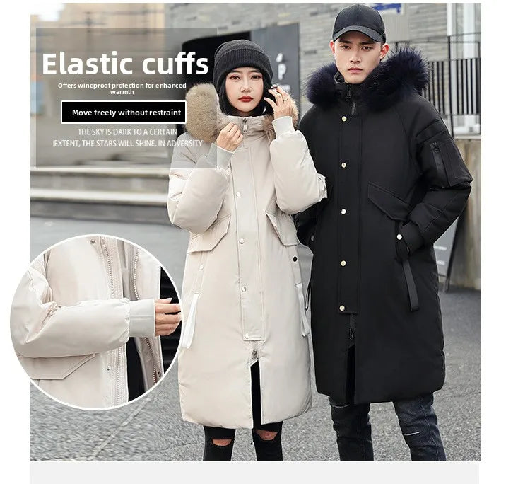 New Winter Down Jacket Men's Couple Fashion Big Fur Collar Medium and Long Youth Pie To Overcome Warmth and Thickening Tide