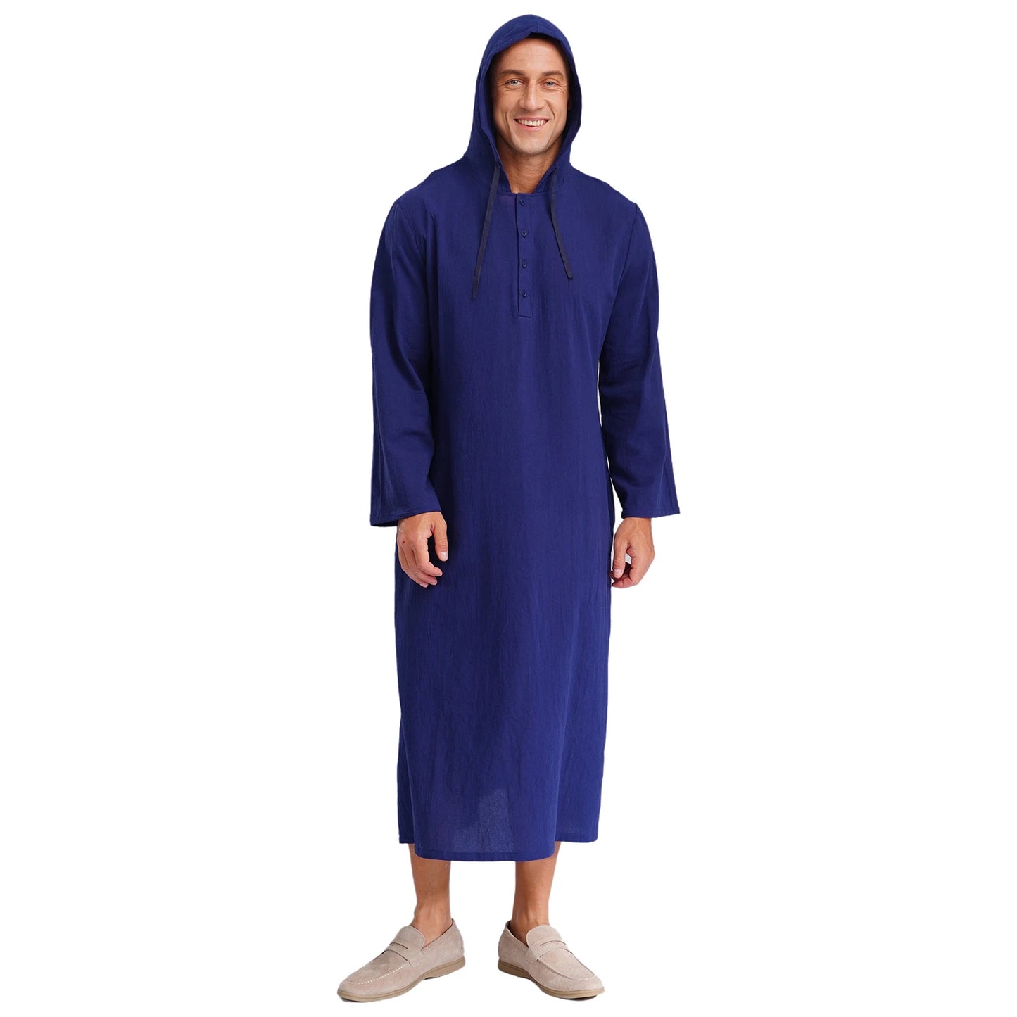 Islamic Kaftan Muslim Jubba Arabic  Thobe Men's Clothing Hooded Long Sleeves Pockest Buttons Long Loose Gown Shirt Dresses