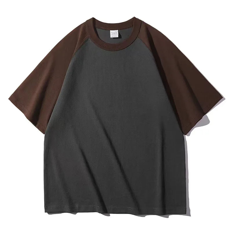Mens 100% Heavy Cotton T-Shirt 300gsm Oversized Casual Stitching Color Tee Round Neck Loose Fit Knitted Tops Fashion Streetwear