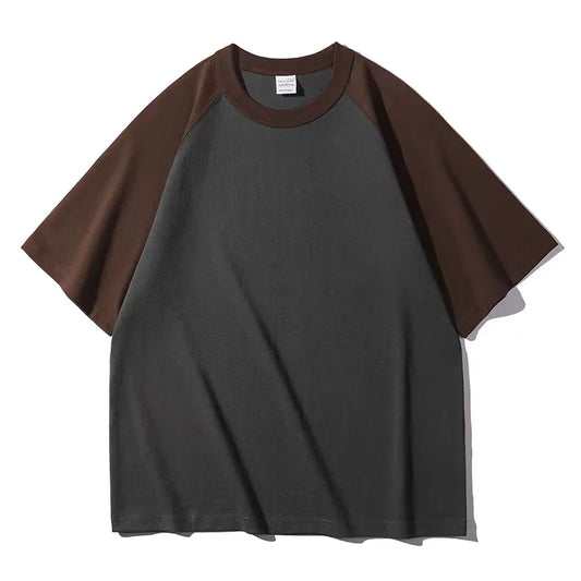 Mens 100% Heavy Cotton T-Shirt 300gsm Oversized Casual Stitching Color Tee Round Neck Loose Fit Knitted Tops Fashion Streetwear