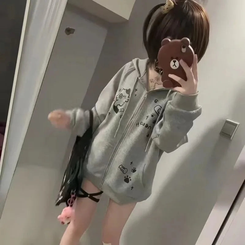 Spring Autumn Jackets Cute Cats Print Zip Up Hoodie Women Streetwear Sweatshirt Y2k Tops Cartoon Japanese Coat Grunge Black Gray