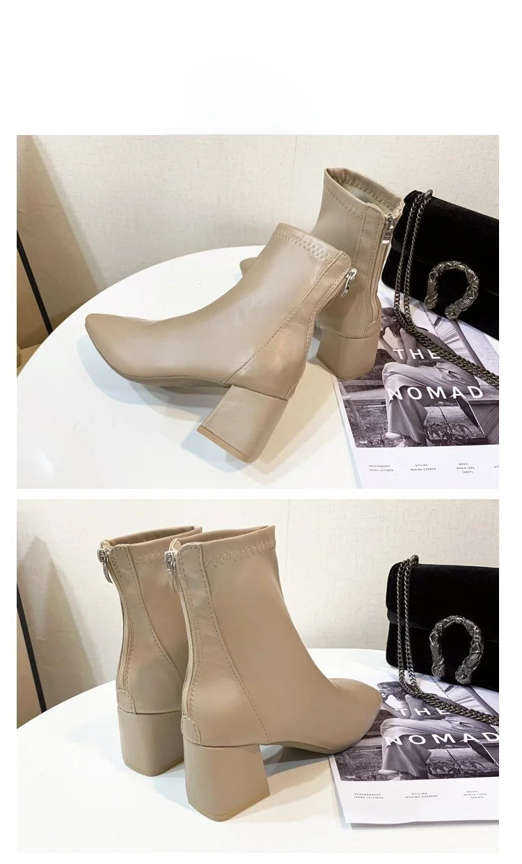 Ladies Bla High Heel ort Boots Spring Autumn Briti Sle Square Head  Boots Faionable Waterproof PU Leather