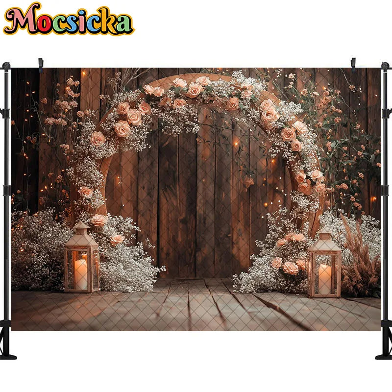 Wedding Theme Photography Background Round Wreath Wooden Wall Decoration Couple Wedding Scene Supplies Backdrop Studio Props