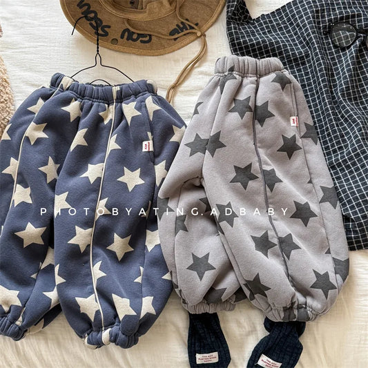 2025 Winter New Children Plus Velvet Thick Casual Pants Fashion Print Boys Fleece Sweat Pants Girls Warm Trousers Kids Clothes