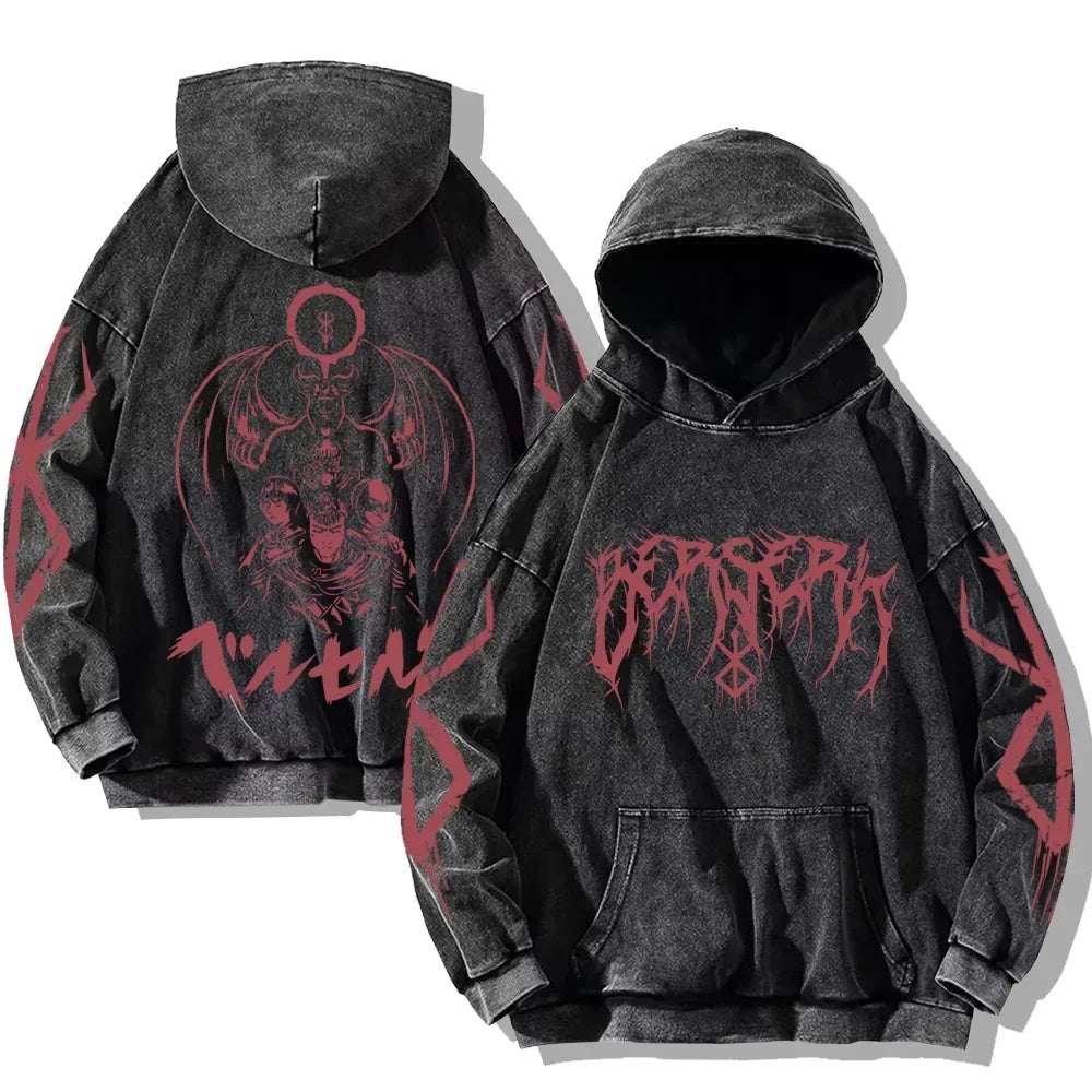 Vintage Anime Washed Hoodies Cotton Men Women Retro Long Sleeve Pullover Casual Oversized Hooded Sweatshirts Hip Hop Streetwear