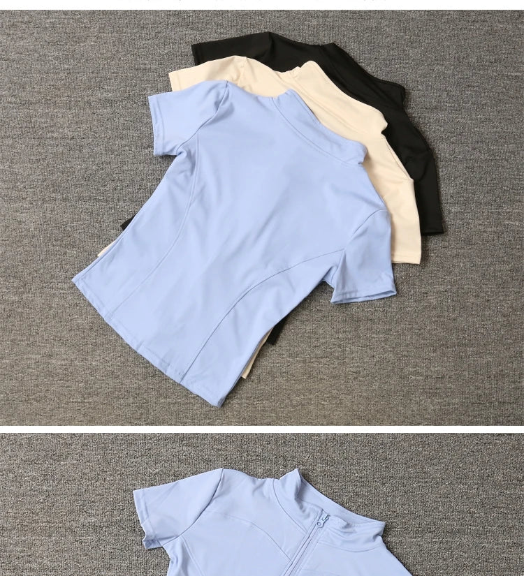 Summer High Quality Waist Slimming Training Tops Women's Quick-drying Tight Stand Collar Full Zipper Short Sleeves Yoga shirts