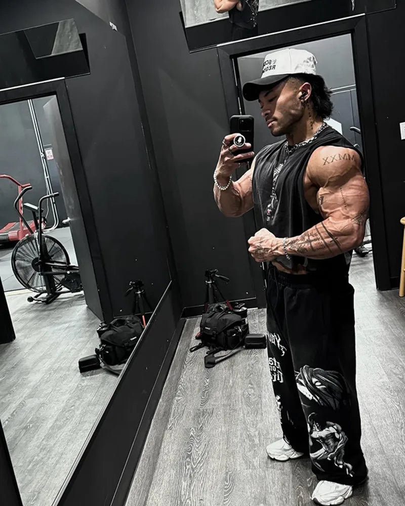 new 2026 American sports pants gym fitness running training pants cotton wool print wide leg pants