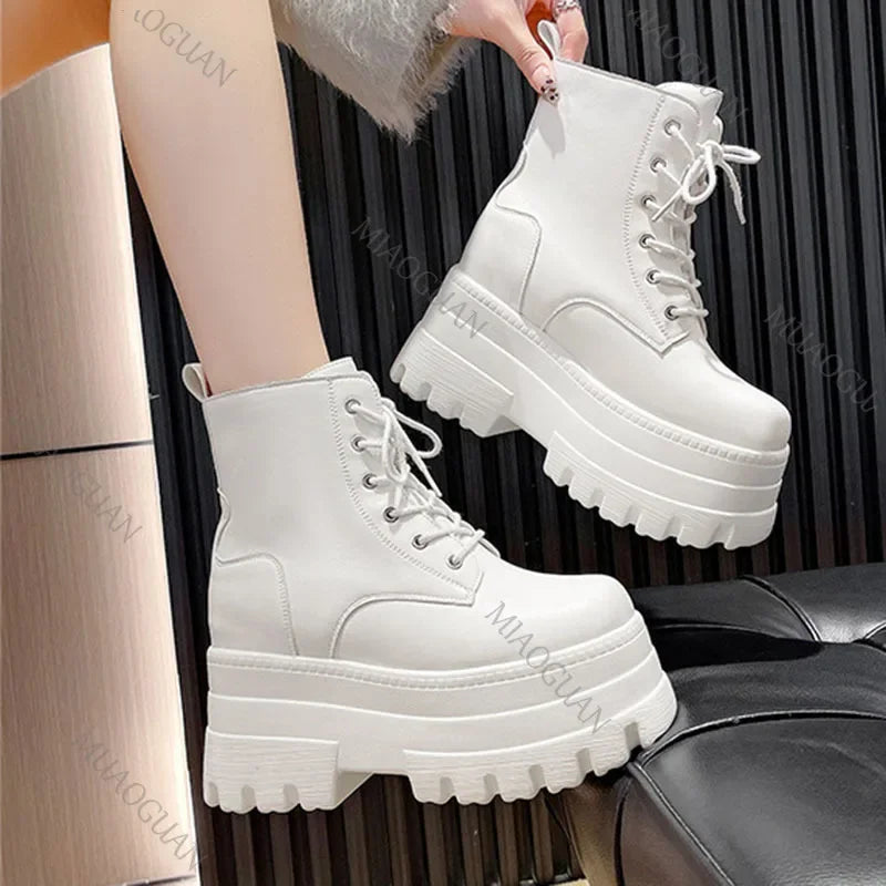 2025 Short Boots for Women Thick Bottom Casual Black White Ankle Boots Spring Autumn Platform Women Shoe 12cm High Heels Botines