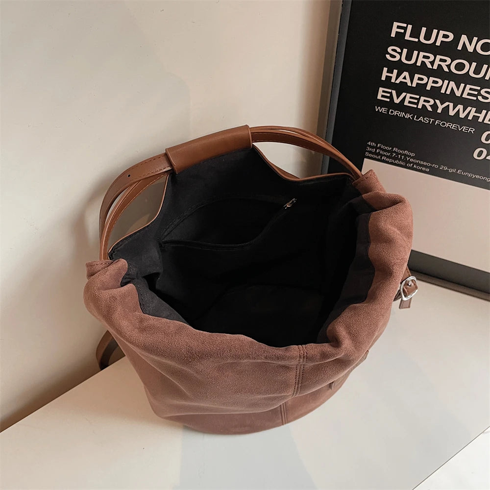 2024 Latest Women Fashion Backpacks Drawstring Bucket Shoulder Bags Soft Suede Large Capacity Rucksack For Travelling Shopping