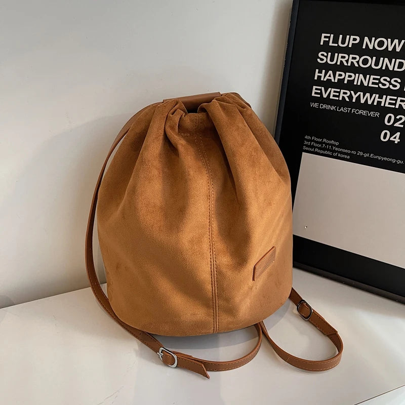2024 Latest Women Fashion Backpacks Drawstring Bucket Shoulder Bags Soft Suede Large Capacity Rucksack For Travelling Shopping