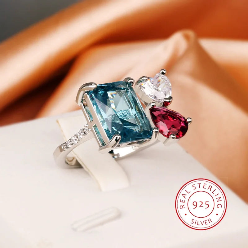 925 Sterling Silver Sterling Silver Geometric Design Blue Red Premium Ring Fashion Banquet Wedding Ladies Light Luxury Jewelry