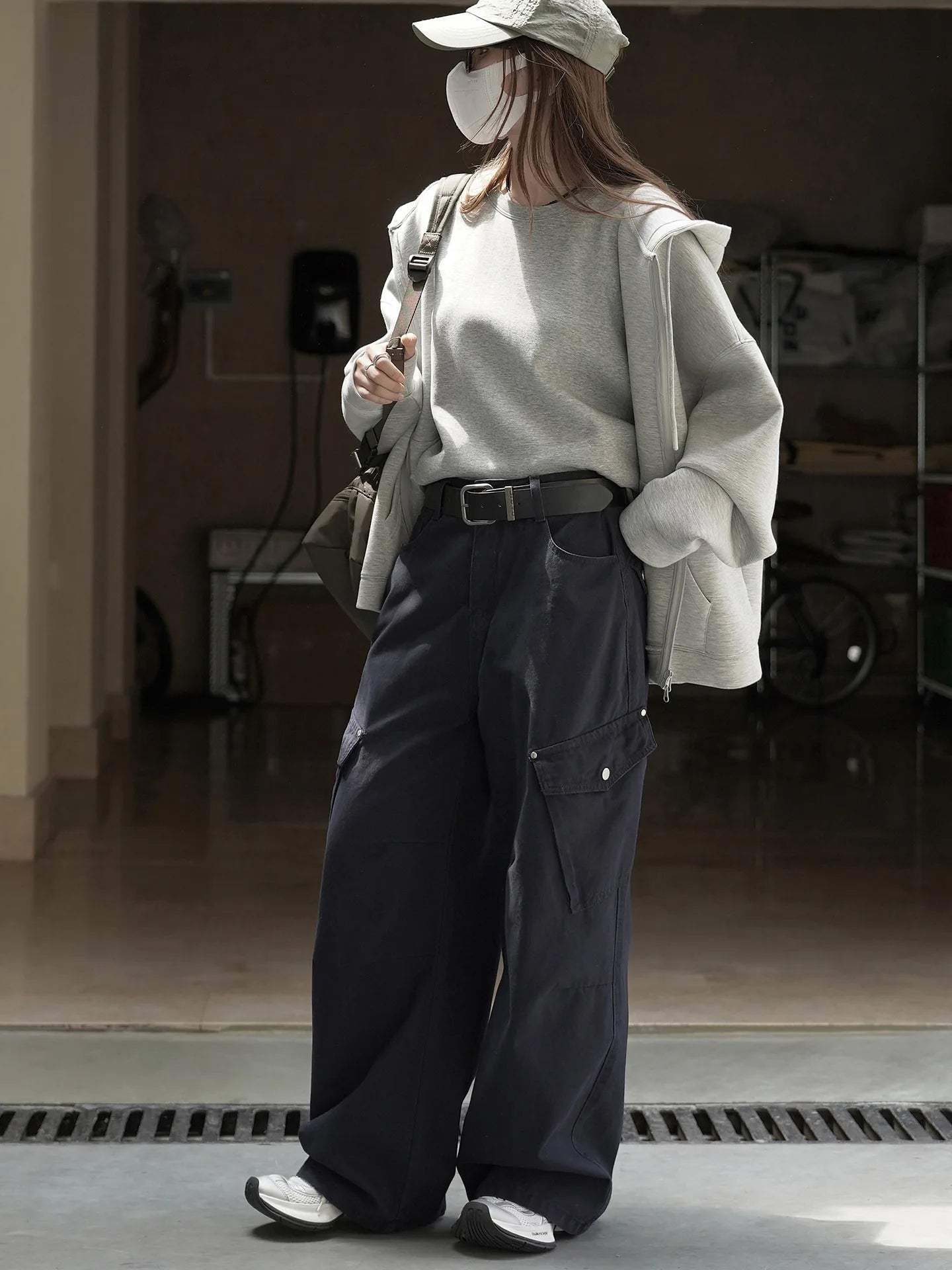 Retro and trendy waistband, workwear, large pocket, casual pants, three-dimensional and stylish pants for women