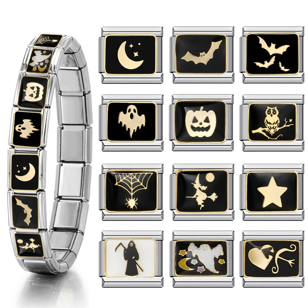 1pc Y2K Cute Gothic Italian Charm Bracelet Stainless Steel DIY Making Ghost Pumpkin Spider Bat Halloween Fashion Jewelry