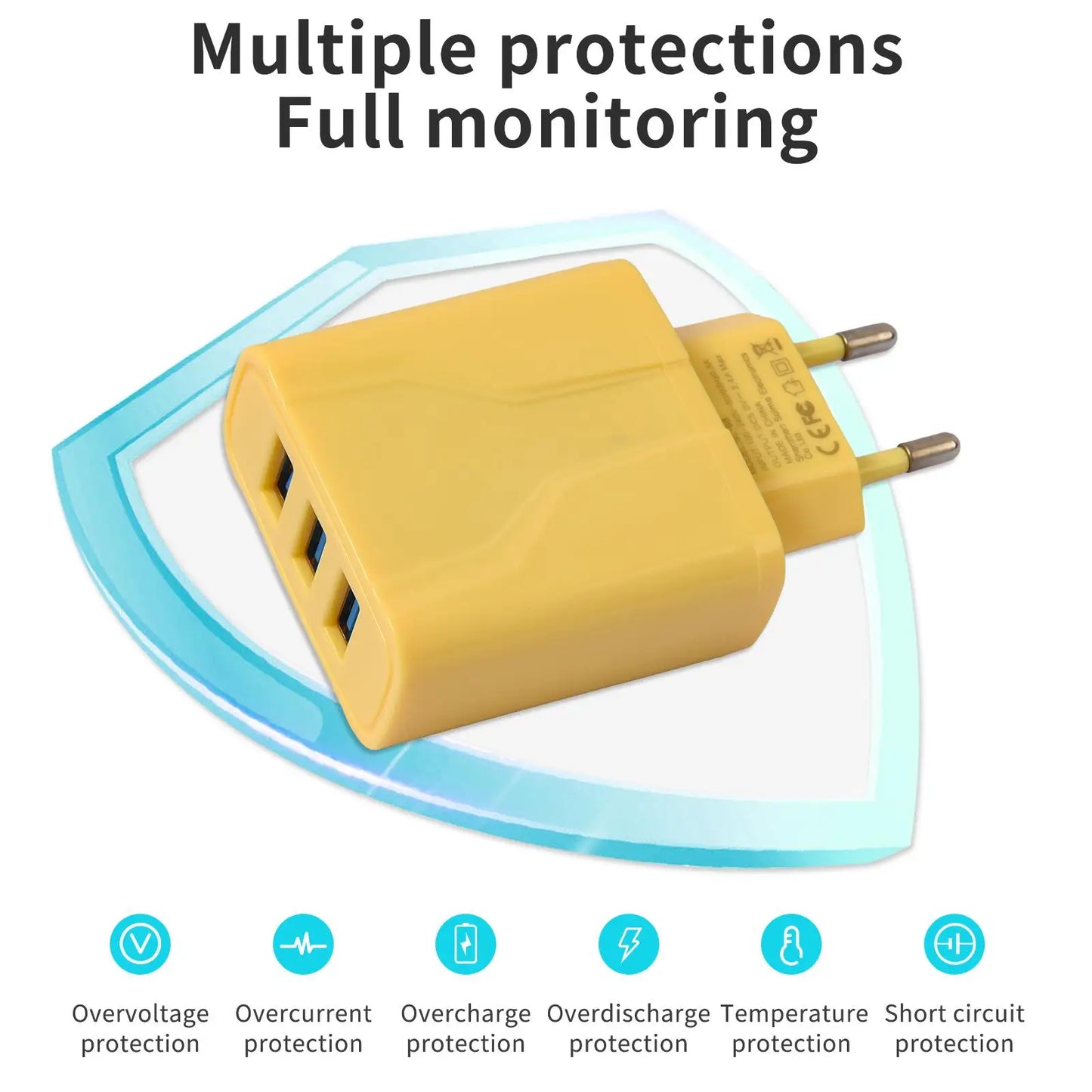 Travel Charger with 3 Ports Charger for iPhone for Galaxy 100-240V, EU Plug, USB Charger Adapter, Sleek Charger Design