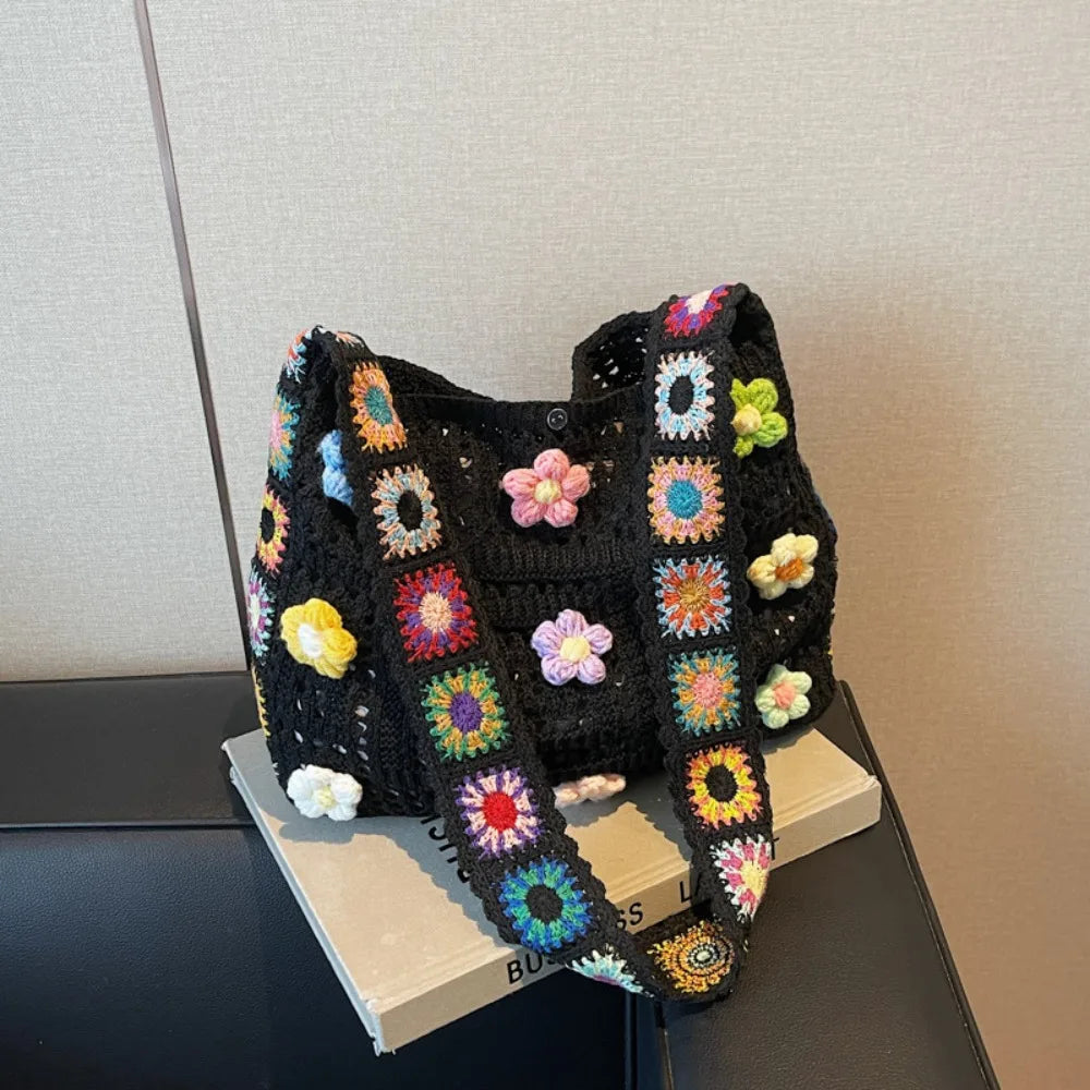 Fashion Large Capacity Women Shoulder Bag Floral Crochet Vintage Handbag Boho Hollow Out Knitted Crossbody Bags