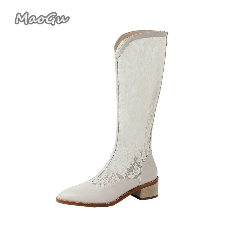 Woman Fashion Lace Flower Boots Thick Heel Pointed Toe Mid-calf Boots Female Footwear Summer Size 41 Breathable Botas De Mujer