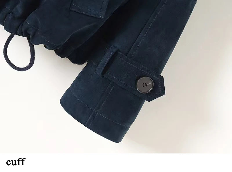 Kid Suede Leather Jacket for Women Branded New 2025 Old Money Double Breasted Short  Jacket Femme Big Lapel Epaulet Trench Coat