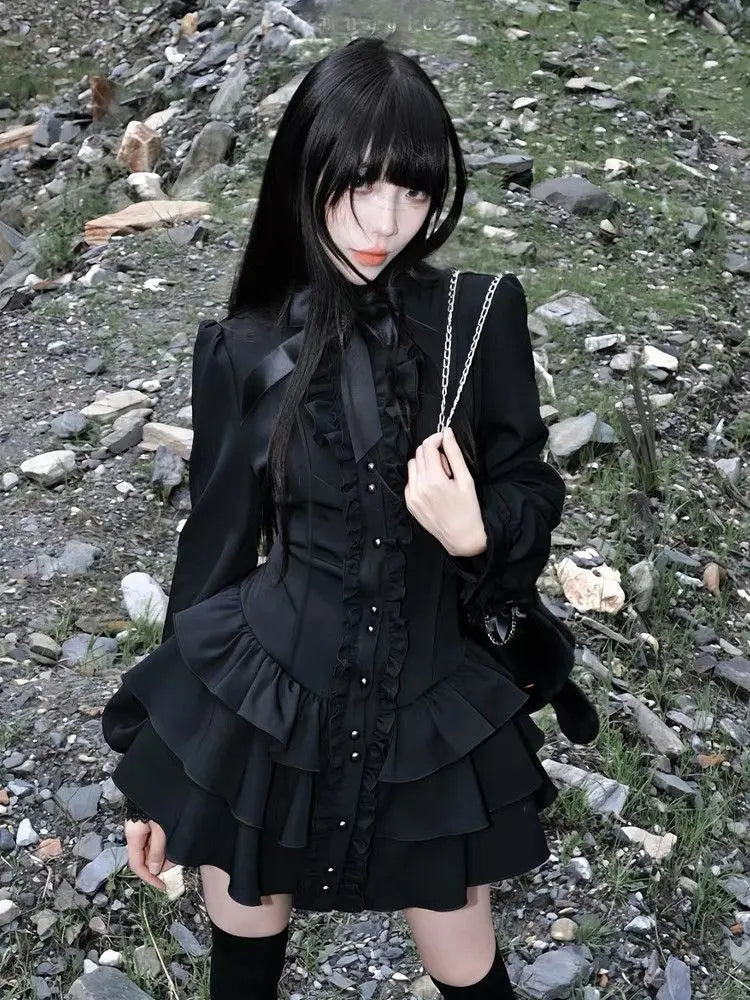 Gothic Subculture Vintage Black Dress Women Autumn Lace Long Sleeve Slim New Dresses Design Darkly Y2k A-line Hot Girl Clothes