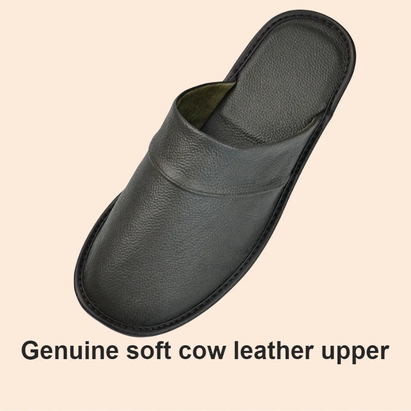 Genuine Cow Leather Slippers Homes in indoor slipper Spring Autumn summer men women elderly non-slip casual single Slides shoes
