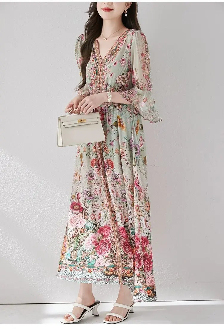 Green Silk Dress for Women in the Summer of 2026 Luxurious High-end Exquisite and Elegant Temperament Mulberry Silk Vacation WLF
