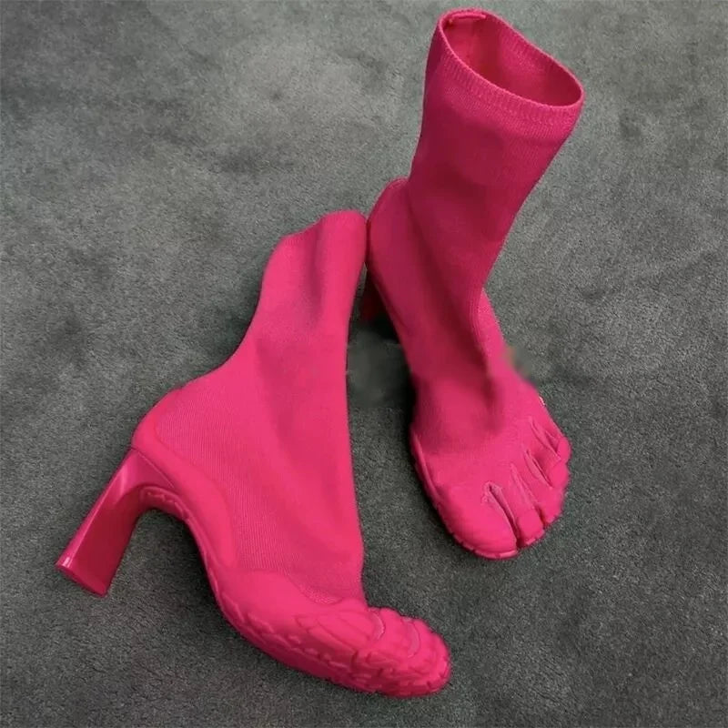 Five Finger Toe Fashion Novel Women Boots Black/pink/white High Heel Ankle Boots 2025 New Elastic Mesh Cloth Luxury Socks Boots