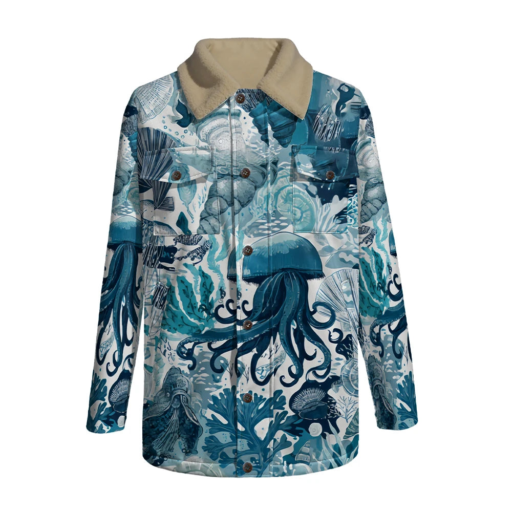 Winter Aesthetic Jacket Marine Life Print Long Coats Whale Turtle Jellyfish Pattern Faux Fur Collar Unisex Coastal Style