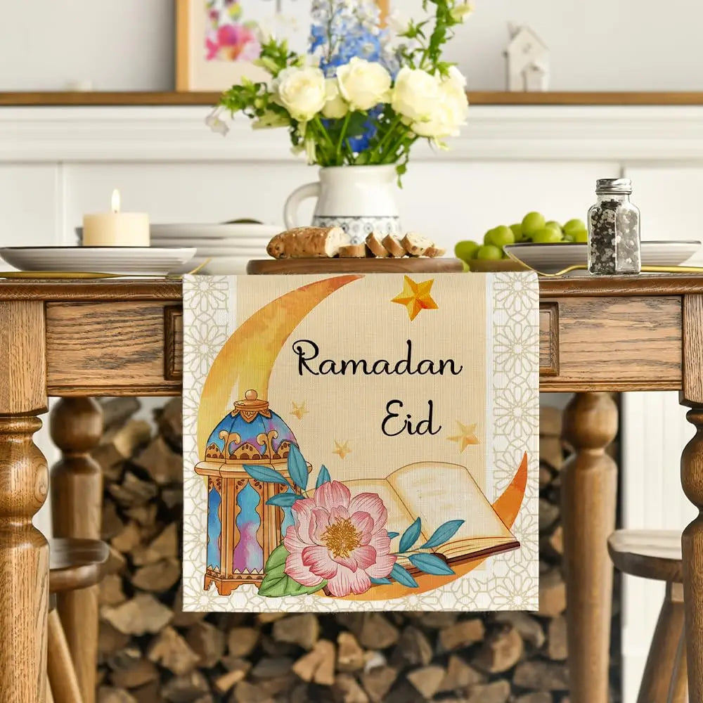 Lantern Star Moon Ramadan Table Runner, Eid Kitchen Dining Table Decoration, Home Party Decor, Seasonal, 13x72 Inch