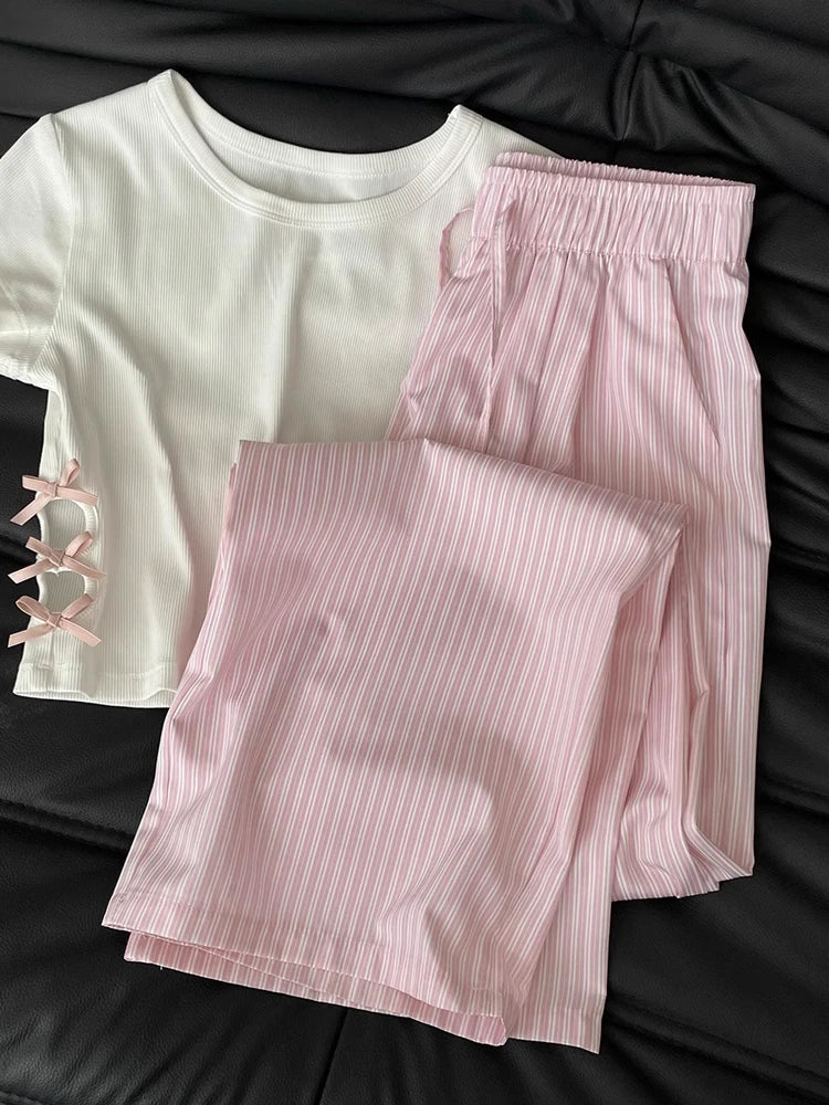 Blue Ice Silk Stripe Pants Women's Casual Summer Spring Wide Leg Pants Small Size Sembach Trousers High Waist Loose Fit