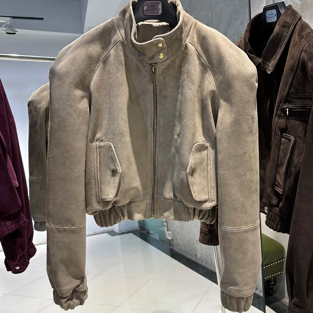 YOLOAgain Suede Leather Jacket Coat Women Real Leather Cropped Jacket Bomber Jacket 2025 Autumn