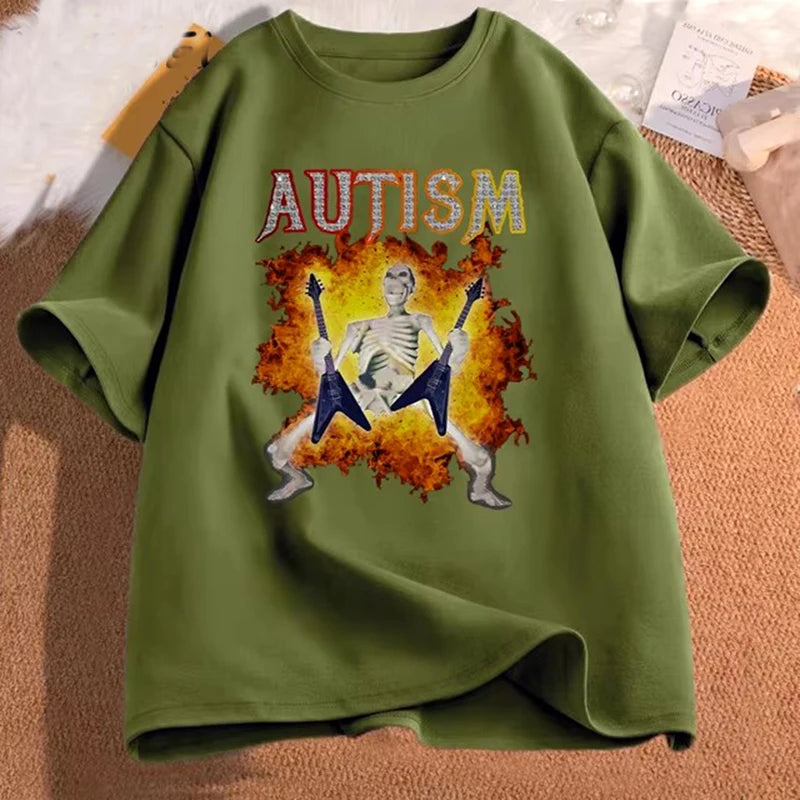 Autism Funny Skeleton Meme Men's T-shirt Cotton Mens Clothing Graphic Tshirts Man women Clothes Printed Short Sleeve Tee Tshirts
