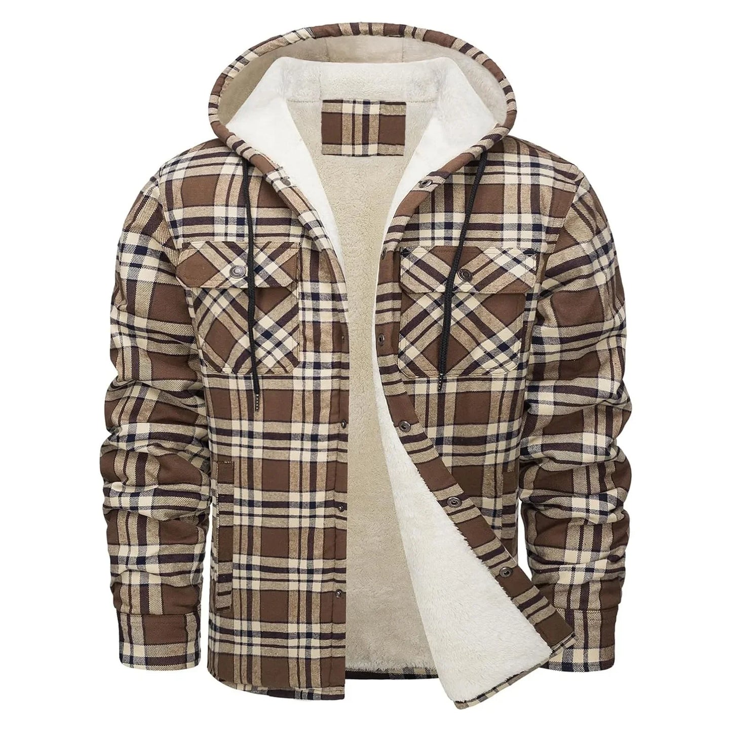 Thick Warm Flannel Hooded Jacket Mens Sherpa Fleece Lined Winter Coats Button Down Fashion Casual Plaid Shirt Jacket With Pocket